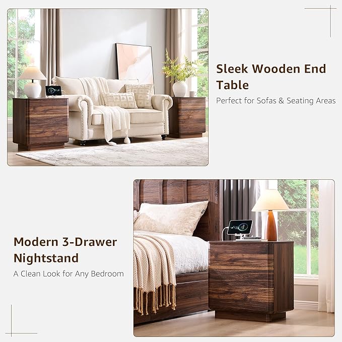 ACCOHOHO 22" Modern Nightstand Set of 2 with Charging Station, Push-to-Open Handleless 3-Drawer Bedside Table, Large End Table with Storage, Night Stand for Bedroom, Living Room, Curved Profile, Brown