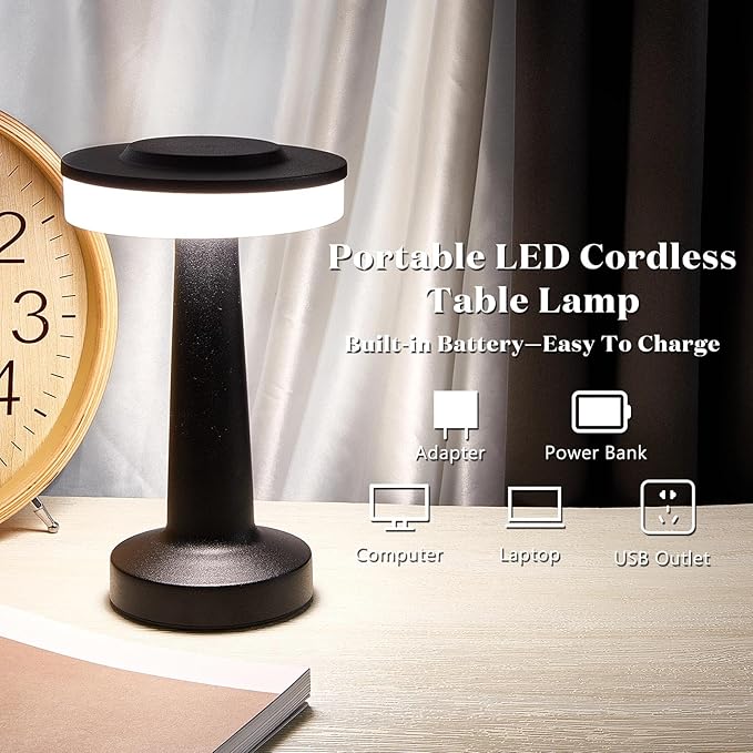 VIHOSE Cordless Table Lamps LED Portable Rechargeable Table Lamp with Touch Sensor 3 Color Dimming up to 15 Hours Battery Desk Light for Restaurant Nursery Living Room(Black,8 Pcs)