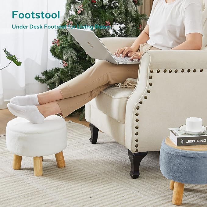FIMIVIBI Small Foot Stool Ottoman with Storage, Soft Faux Fur Ottoman Foot Rest for Couch, Round Footstool with Storage, Small Ottomans and Footstools for Living Room and Entryway (Black)