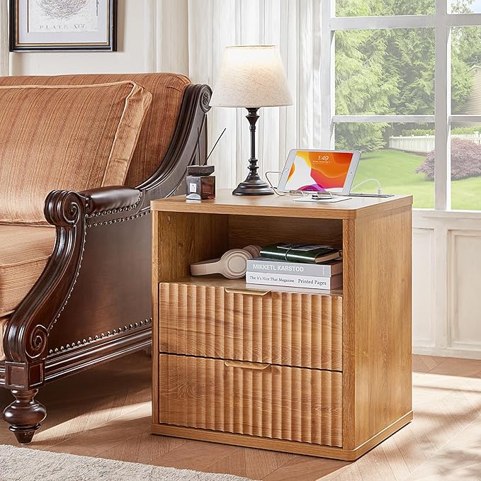 LEYAOYAO 48" Wide Fluted Dresser and 23" Nightstand Set of 2, Wooden Dresser & Night Stand with Charging Station, 3 Piece Bedroom Furniture Set, Chest of Drawer for Living Room,Brown