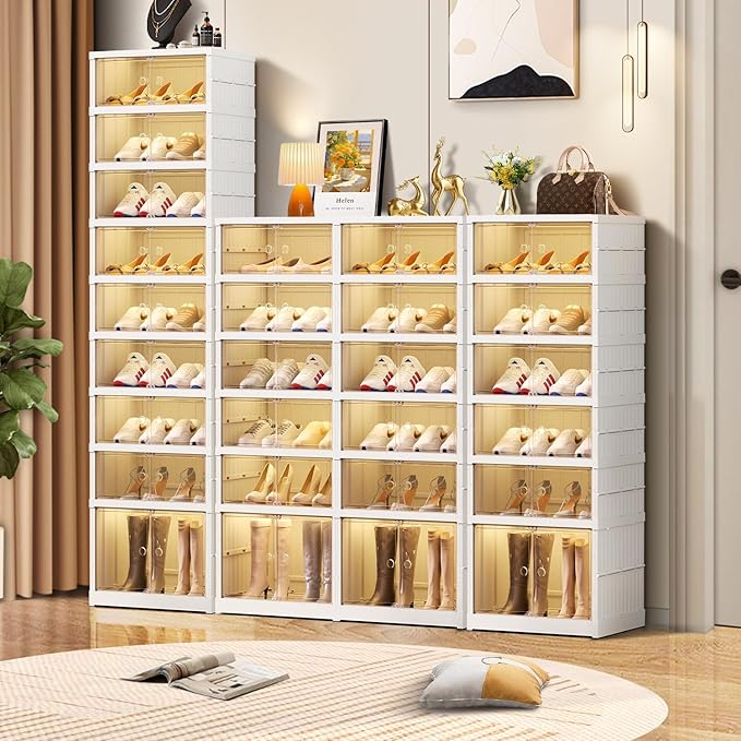 6-Tier Foldable Shoe Rack Organizer for Closet 12Pairs Plastic Shoe Shelf Collapsible Shoes Storage Box Clear Shoe Boxes Stackable with Door Easy Assembly Shoe Cabinet with Lids Large