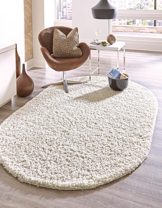 Unique Loom Solid Shag Collection Area Rug (7' 10" x 10' Oval, Pure Ivory)