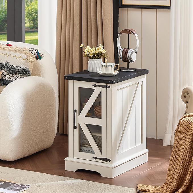 Farmhouse End Table Set 2, Narrow 18'' Night Stand with Glass Barn Door, 24" Square Side Table with Charger Station, Living Room Furniture Sets, Wood Nightstand Bedside Tables for Bedroom