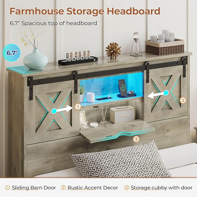 Hasuit Farmhouse Bed Frame Twin Size with 2 Storage Drawers, Wooden Platform Twin Bed with LED Lights and Charging Station, Rustic Accent Headboard with Sliding Barn Door Storage Cabinets
