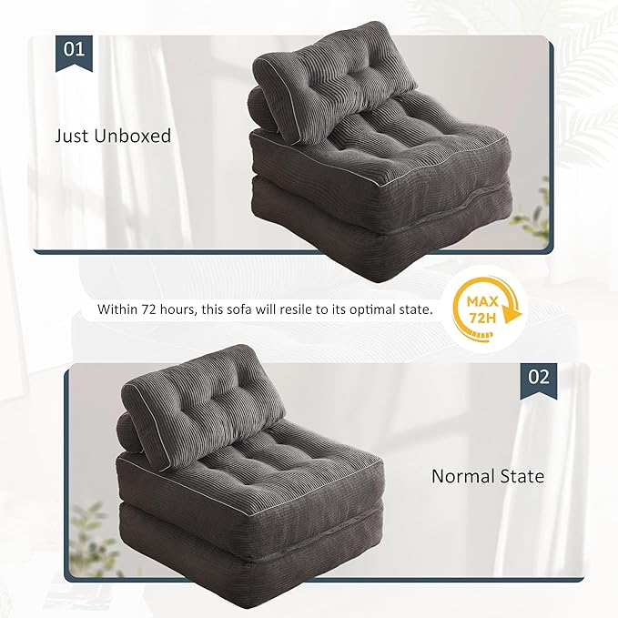Folding Chair Bed, Futon Sofa Bed, Floor Couch for Adults Chair Bed for Living Room, Lounge Sofa, Convertible Sofa Bed, Small Couches for Small Spaces,Grey