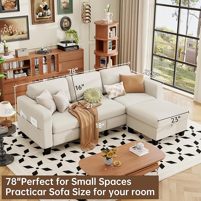ZeeFu Sectional and Sofa Couches for Living Room - 78'' 3 Seater L-Shaped Modular Couch with Storage Ottoman - Modern Velevt Fabric Upholstered Sofa Set for Small Space Apartment Office
