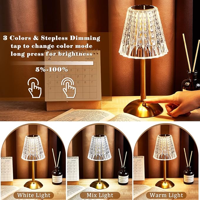 Liliful 4 Pcs Cordless Table Lamp Rechargeable Touch LED Small Gold Portable Battery Operated USB-c Desk Lamp 3 Color Dimmable for Bedroom Living Room Dining (Gold,Classic Style)