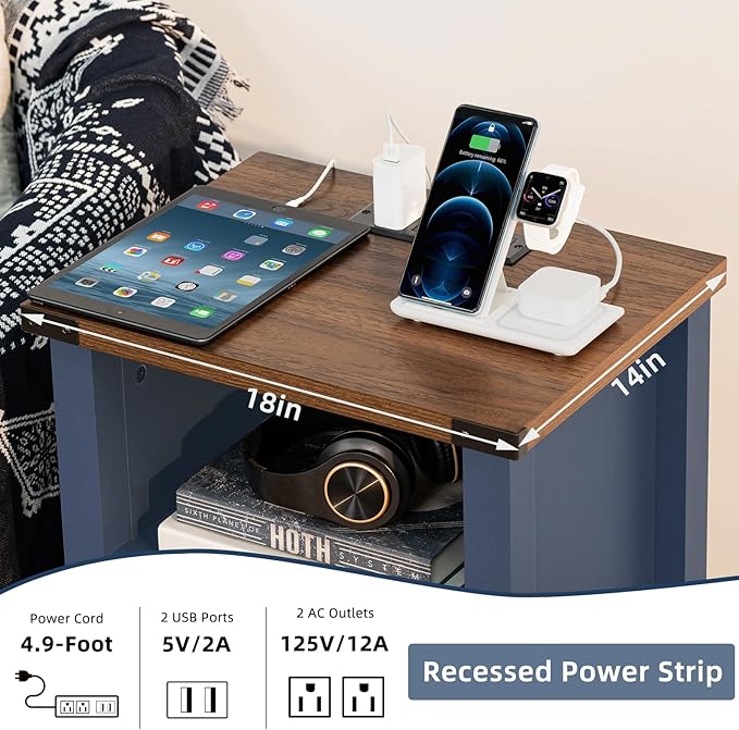 Joaxswe Night Stand Set of 2, 18 Inch Farmhouse Nightstand with with Charging Station and USB Port, Rustic Couch End Table with Magnetic Door, Wood Bed Side Tables for Bedroom, Home, Navy Blue