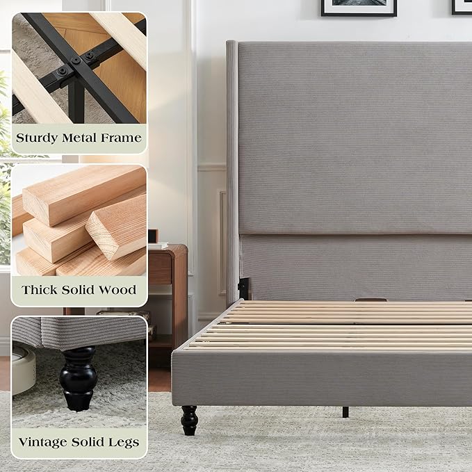 Queen Bed Frame with 63" Tall Headboard, Horizontal Fine Corduroy Bed Frame with Wingback, Upholstered Platform Bed, Vintage Solid Wood Gourd Legs, No Box Spring Needed, Gray
