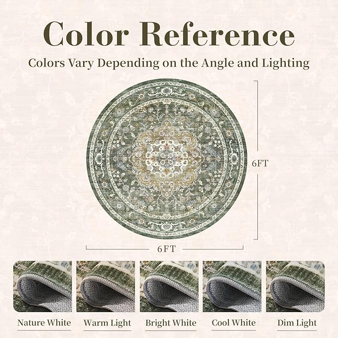 PADOOR 6FT Round Rug,Rugs for Living Room,Soft Olive Circle Rug,Machine Washable Rugs for Bedroom,Non Slip Carpet,Rug for Dining Room Living Room Bedside Office