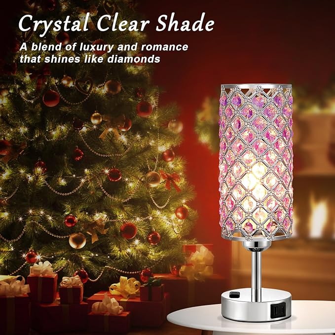 Hong-in Crystal Lamps Set of 2, 3 Way Dimmable Touch Lamp with Crystal Shade, Bedside Nightstand Lamps for Living Room Bedroom Home Office(Purple)