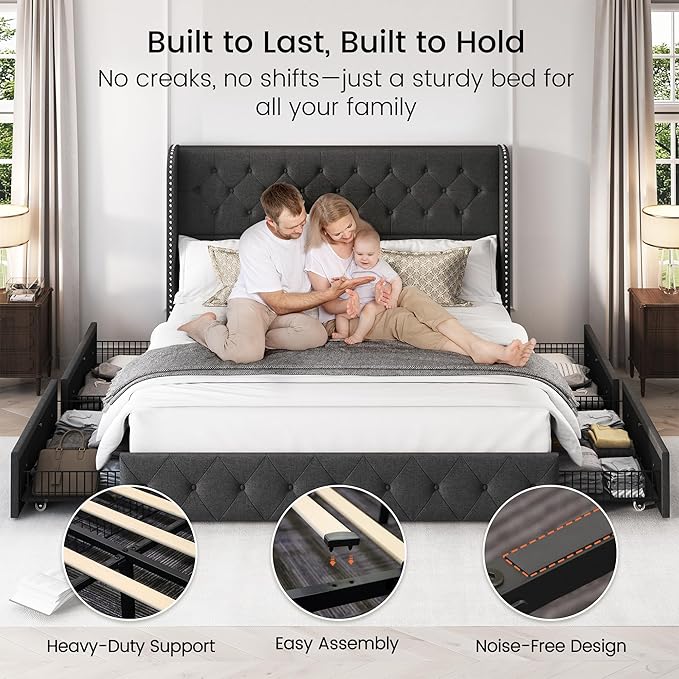 LARMACE King Size Platform Bed Frame with 4 Storage Drawers and Tufted Headboard Linen Upholstered Bed Wingback Bed Frame with Wooden Slats Support, Easy Assembly, Dark Grey