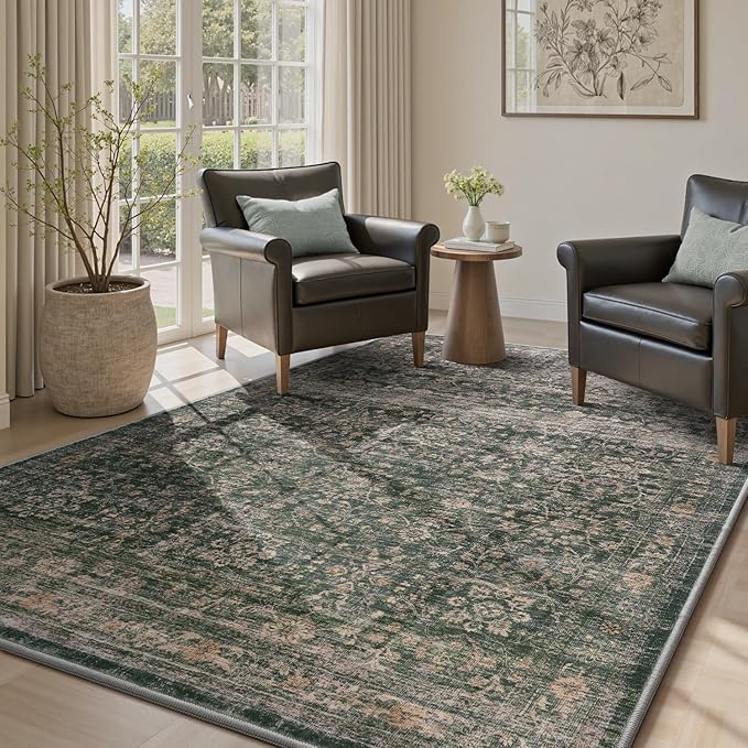 MontVoo-Vintage Area Rug 4X6 Green Rugs for Living Room-Soft Distressed Printed Rugs for Bedroom-Non Slip Carpet-Machine Washable Rug for Dining Room Living Room Bedside Office
