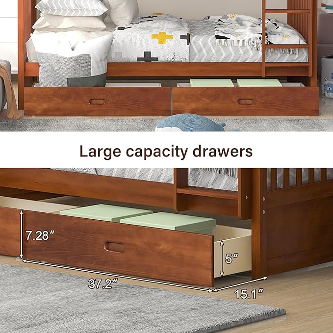 Merax Wood Bunk Bed with Drawers, Twin Over Twin Size Convertible Bunk Bed with Ladders and Two Storage Drawers,Solid Wood Detachable Bed Frame with Ladders, Walnut