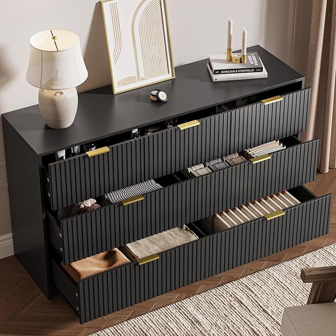 3-Piece Dresser Bedroom Set, 7 Drawer Dresser & 2 Drawer Nightstands with Gold Handles, Fluted Wood Chest of Drawers for Bedroom, Living Room, Entryway, Black
