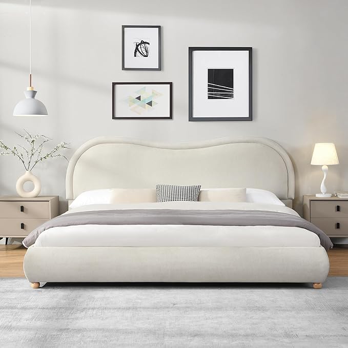 King Size Upholstered Platform Bed Frame, Modern Cloud Bedframe with Headboard, Low Profile Bed Floor Bed Frames with Soft Rounded Corners, No Box Spring Required, Easy Assembly, Chenille Cream