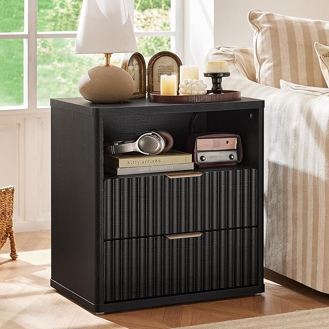 LEYAOYAO 48" Wide Fluted Dresser and 2 Drawers 23" Nightstand Set of 2, Wooden Dresser & Night Stand with Charging Station, 3 Piece Bedroom Furniture Set, Chest of Drawer for Living Room,Black