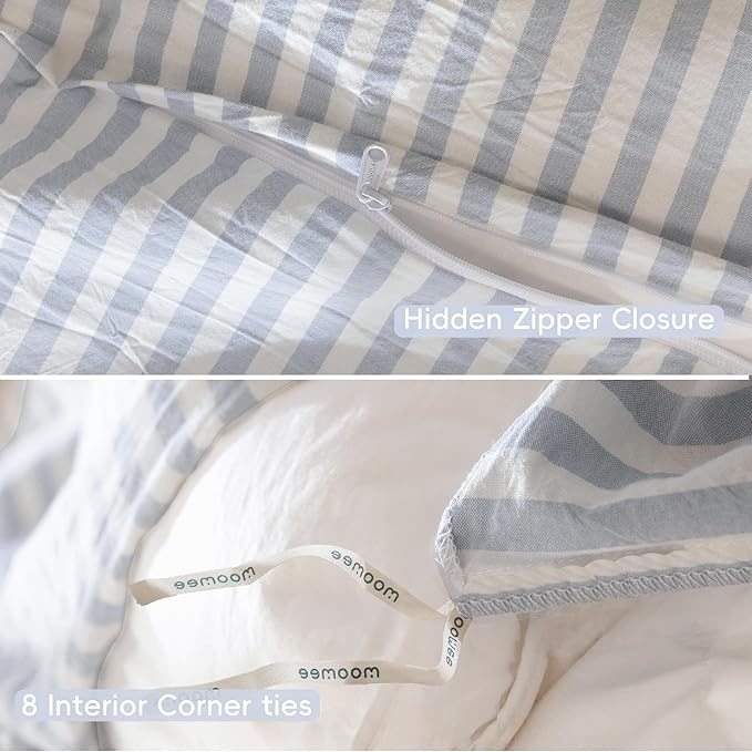 MooMee Striped Duvet Cover Set 100% Washed Cotton Linen Like Textured Breathable Durable Soft Comfy (Cornflower Blue White Classic Stripes, Palatial King/Oversized King 120"x98")
