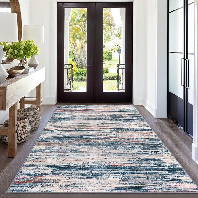 5x7 Modern Area Rug for Bedroom, Teal Blue Peach Gray Multi Large Teal Blue Peach Gray Multi Super Soft Rug with Non-Slip, Non-Shedding Rugs for Living Room, Indoor Door Mat for Home Décor