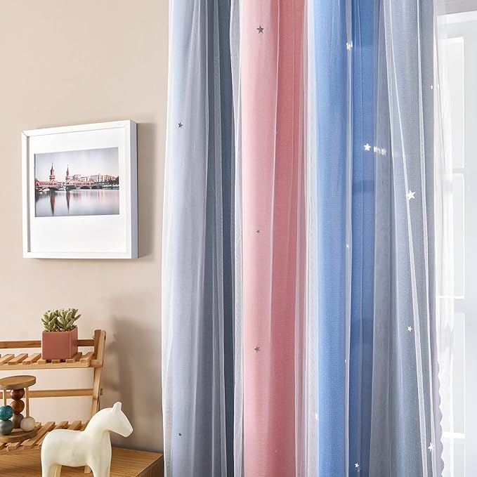 XiDi Curtains for Bedroom Decor, Rainbow PinkGreyBlue-34-45
