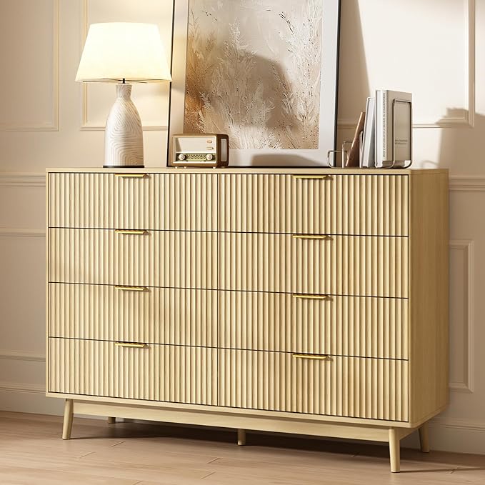 CARPETNAL Fluted 8 Drawer Dresser for Bedroom, 55" Wide Wooden Chest of Drawers with Rounded Corners, Gold Handles, Modern Storage Organizer for Bedroom, Hallway(Oak)