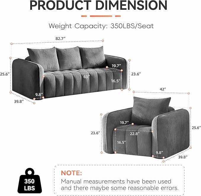 Corduroy Boneless Living Room Sets, Modern Upholstered 3 Seater Sofa with 2 Signle Accent Chairs, Comfy Deep Seat Cloud Sofa Couch Sets for Living Room, Grey