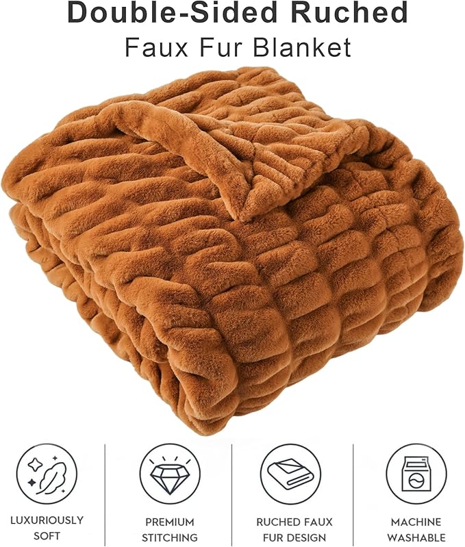 BATTILO HOME Burnt Orange Faux Fur Throw Blanket for Couch, Double Side Ruched Reversible Rabbit Fur Blanket for Bed, Sofa, Cozy Soft Mink Blanket, Fall Throw Blanket Fall Decor, 50x60 Inches