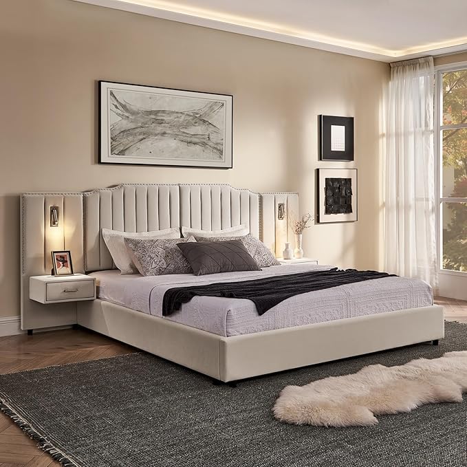 King Size Bed Frame with Storage, Luxury King Platform Bed Frame with Headboard, Velvet Fabric Upholstered Bedframe with LED Lights, Solid Frame & Bedside Table, No Box Spring Needed, Beige