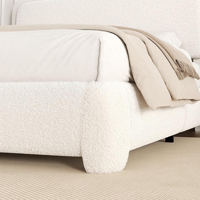 Full Size Boucle Bed Frame, Upholstered Cloud Platform Bed Frame with Headboard, Anti-Collision Soft Rounded Corners, No Box Spring Required, Easy Assembly, Noise Free, Adjustable Headboard