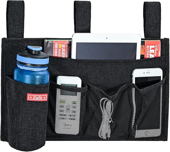 Zafit Linen Bedside Caddy, Bedside Storage Organizer for Hospital Beds, College Dorm Rooms or Baby Bed (5 Pockets-Black)