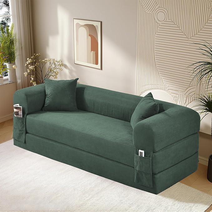 80" Convertible Sofa Bed,Corduroy Folding Sleeper Sofa Bed Queen with Pillows & Storage,Modular Pull Out Couches Boneless Couch for Living Room,Compressed Couch in a Box,Light Green