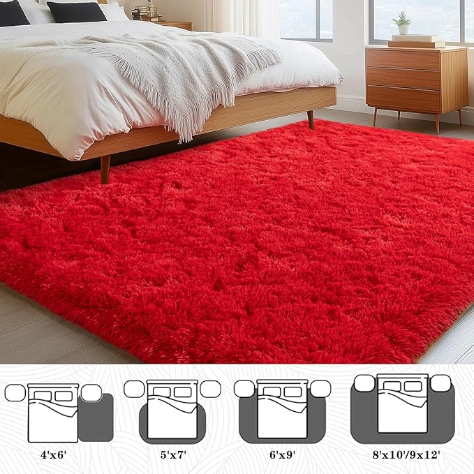 5x7 Red Rugs for Bedroom, Soft Fluffy Shaggy Rugs for Living Room, Non-Slip Modern Indoor Fuzzy Shag Floor Rug for Home Decor Aesthetic