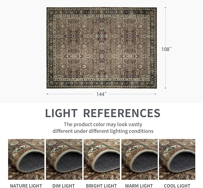9x12 Vintage Washable Area Rug for Living Room,Low Pile Non Slip Carpet Non-Shedding Large Area Rug Soft Indoor Stain Resistant Rug Floral Print Mat for Bedroom Dining Room Brown Floral