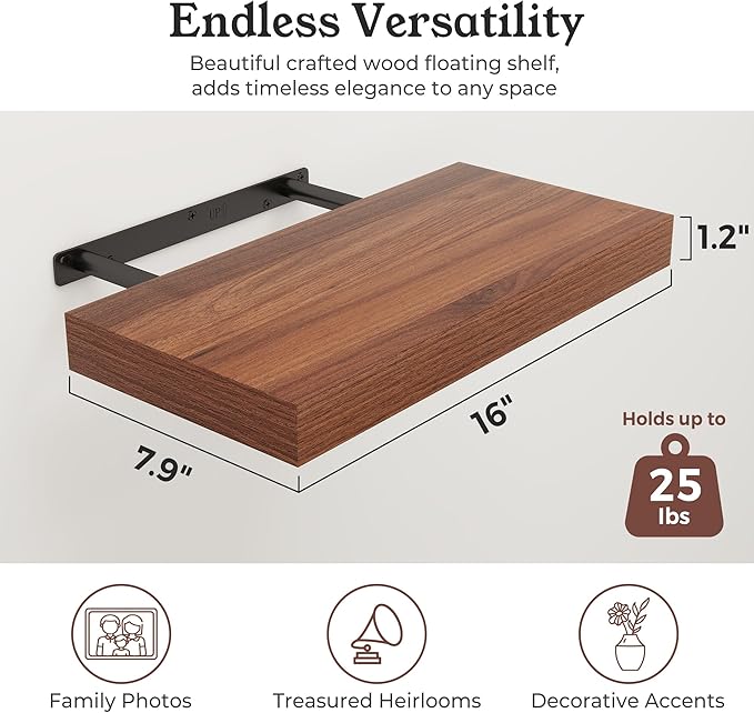 Floating Shelves for Wall, 7.9" Deep Wall Mounted Wood Shelves for Bathroom, Bedroom, Living Room, Kitchen, Hanging Shelf for Books/Storage/Room Decor (Walnut, 16")