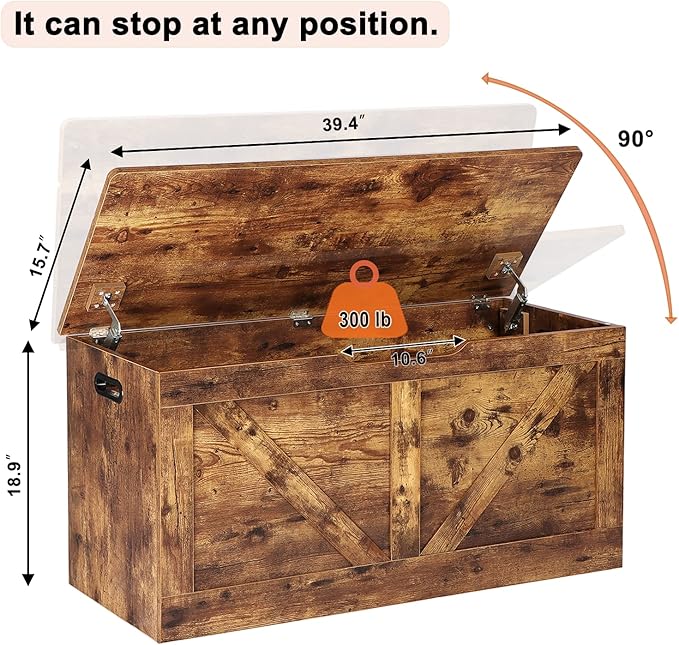 Timberer 39.4" Storage Chest, Wooden Storage Bench, Large Storage Trunk with 2 Safety Hinges, Entryway Shoes Bench for Living Room, Bedroom, Rustic Brown