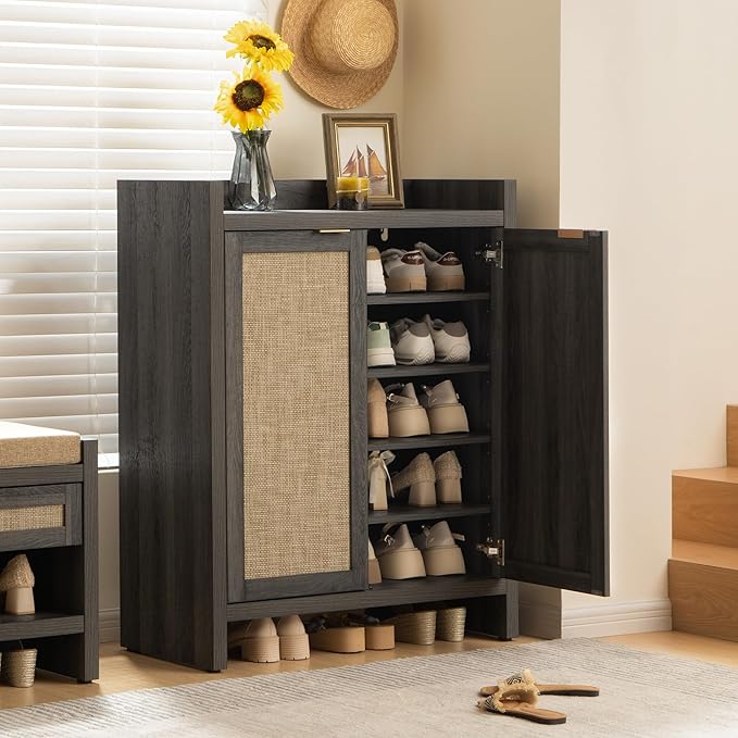 SICOTAS Shoe Cabinet Set of 2, Large Capacity Shoe Storage Organizer Cabinet, Tall Rattan Shoe Cabinet with Doors and Shelves, 6-Tier Farmhouse Boho Wooden Storage Cabinet for Entryway, Black Oak