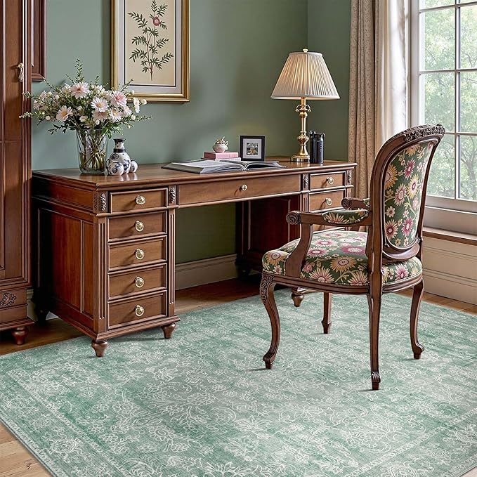 jinchan 6x9 Machine Washable Area Rugs for Living Room – Vintage Floral Soft Stain Resistant Low Pile Rug, Non Slip Ultra-Thin Carpet for Bedroom, Dining Room, Home Office, Nursery (6'x9', Green)