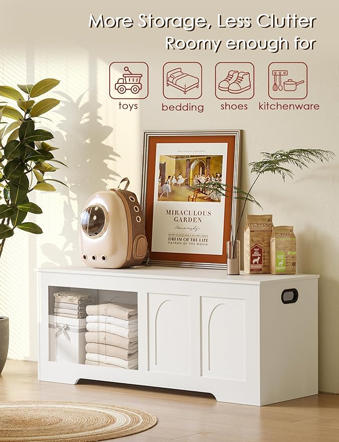 DINZI LVJ Storage Chest, 50” Extra Large Storage Bench with 2 Safety Hinges, Wooden Toy Box with Flip-Top, Large Trunk for Living Room, Playroom, Easy Assembly, White