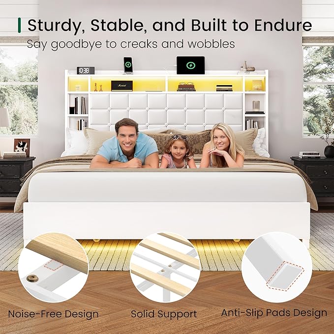 LARMACE King Size Bed Frame with 4 Storage Drawers and Bookcase Headboard, Faux Leather Upholstered, Wooden Platform Bed Frame with Charging Station and LED Lights, No Box Spring Needed, White
