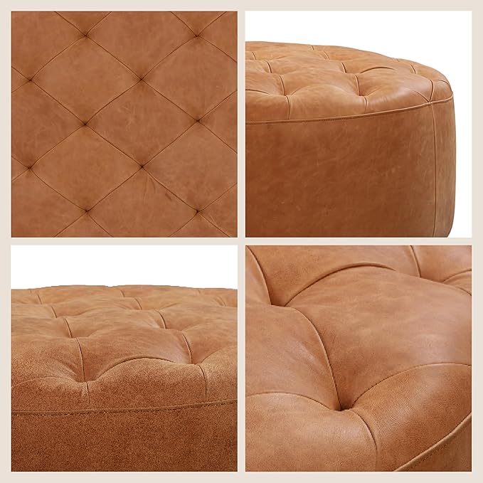 POLY & BARK Ascot Ottoman – 40" Round Pouf with Feather-Down Topper – Full-Grain Leather Upholstered Pouf Ottoman for Living Room – Vintage Italian Leather in Cognac Tan