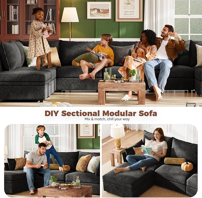 ABCASA 136.4" Oversized Modular Sectional Sleeper Sofa Bed, U Shaped Convertible Couch with Movable Ottoman, Large 8 Seat Corner Couches for Living Room Deep Seat Black Chenille
