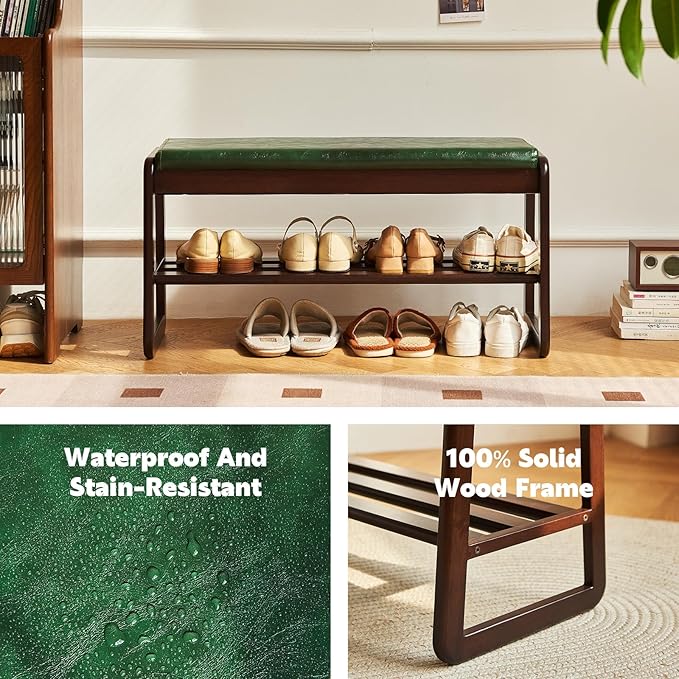 Solid Wood Shoe Bench, 2-Tier Wooden Storage Entryway Bench, Mid-Century Modern Shoe Bench Rack, End of Bed Bench with Faux Leather Cushion, Ottoman Bench for Hallway, Living Room (Walnut, 39.7'')