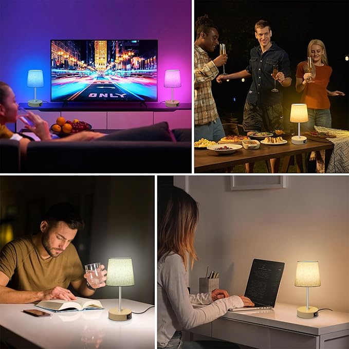 Ascher Small Bedside Table lamp Set of 2, RGB Color Changing Lamps, 3 Color Temperatures, Stepless Dimmable, Nightstand Lamp with USB C+A Ports for Bedroom Living Room, (Flaxen Shade, Wood Grain Base)