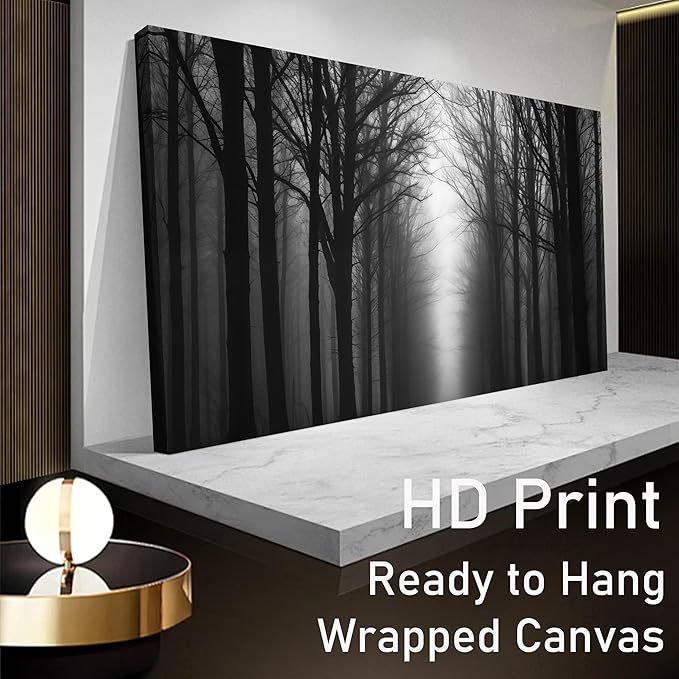 Trogonup Misty Forest Canvas Wall Art Black and Grey Tree Landscape Canvas Print Large Artwork for Living Room Bedroom Office Dining Room 29"x58"