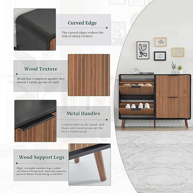 47" Fluted Large Shoe Cabinet with 4 Flip Drawers, Slim Freestanding Shoe Cabinet Organizer, Narrow Shoes Storage Rack for Entryway, 5 Sturdy Legs (Walnut with black, 9.45"D x 47.24"W x 35.83"H)