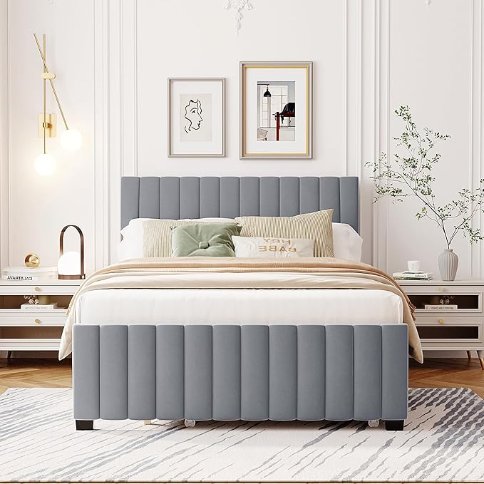 Full Bed Frame with Trundle Bed,Velvet Upholstered Platform Bed Frame,Full Size Trundle Bed with Headboard for Kids Teens Adults(Gray)