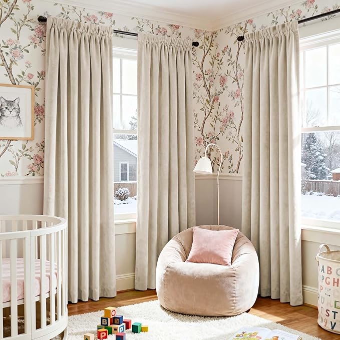 Lazzzy Velvet Blackout Curtains Thermal Insulated Room Window Drapes Super Soft Luxury Curtains for Living Room Bedroom Rod Pocket 2 Panels, Beige, 52" W x 84" L