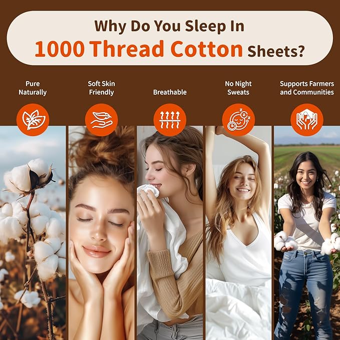 LBRO2M 100% Cotton Sheets Set Deep Pocket 24", 1000 Thread Count Full Size 4 Piece Bed Sheet Sets Soft Comfortable Bedding All Season (Full, White)