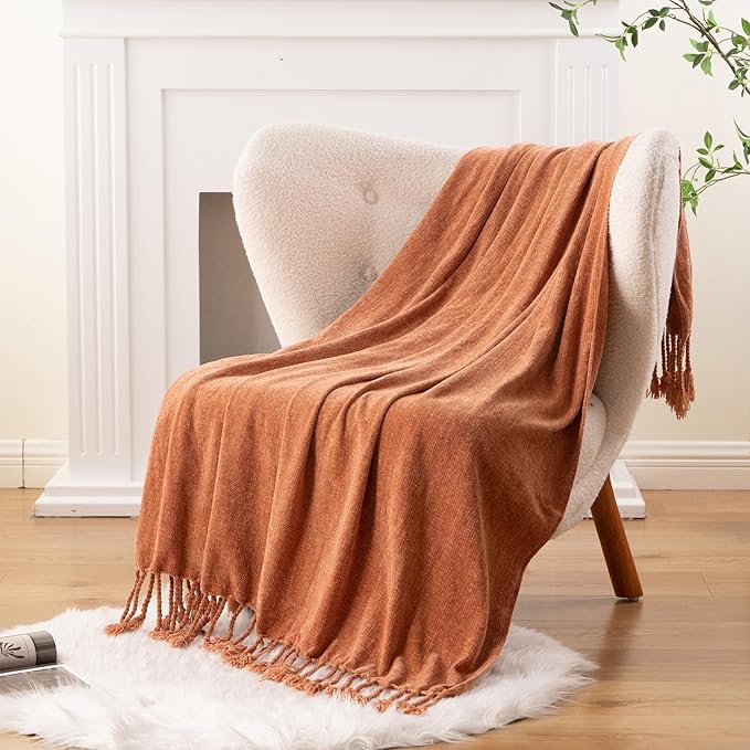 BATTILO HOME Fall Caramel Throw Blanket for Couch, Bed, Sofa - Soft Cozy Rust Orange Chenille Throw with Fringe Tassels, Lightweight Fall Knit Throw for Fall Decor, 50"x60"