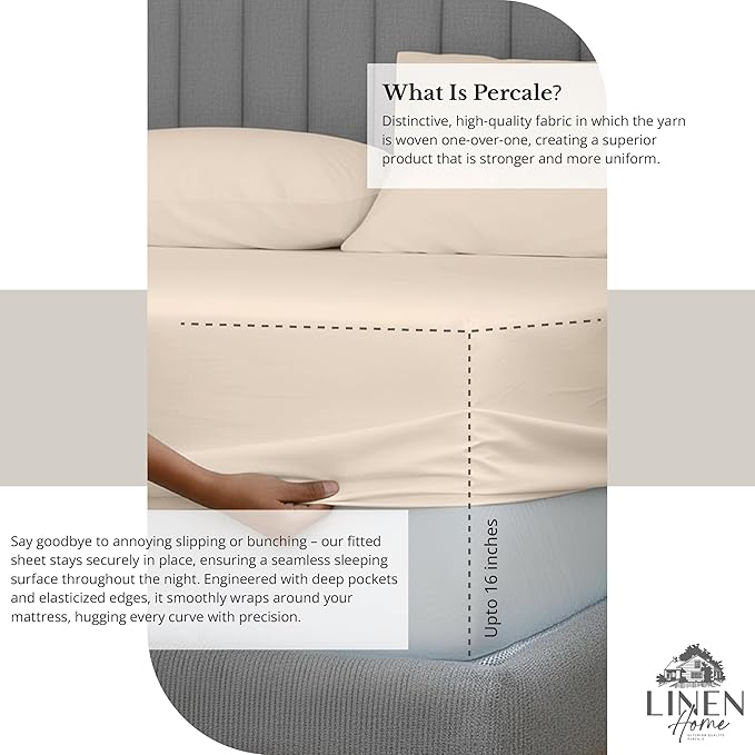Linen Home 100% Cotton Percale Sheet Set, King Size, Ivory, Deep Pocket, 6 Pieces Set - 1 Flat, 1 Deep Pocket Fitted Sheet and 4 Pillowcases, Crisp Cool and Strong Bed Linen